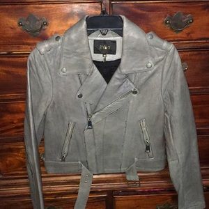 MAJE GRAY NWOT REAL LEATHER MOTO JACKET KNIT LINED BADAZZ SIZE 40